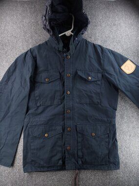 VTG Fjallraven Raven Jacket Cotton Blend Hooded Full Zip Size 46 Blue Pockets